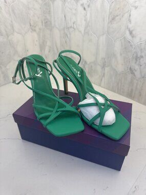 Vivianly Green Strappy Square Toe Stiletto Heeled Sandals Ankle Wrap Size 8 NIB
